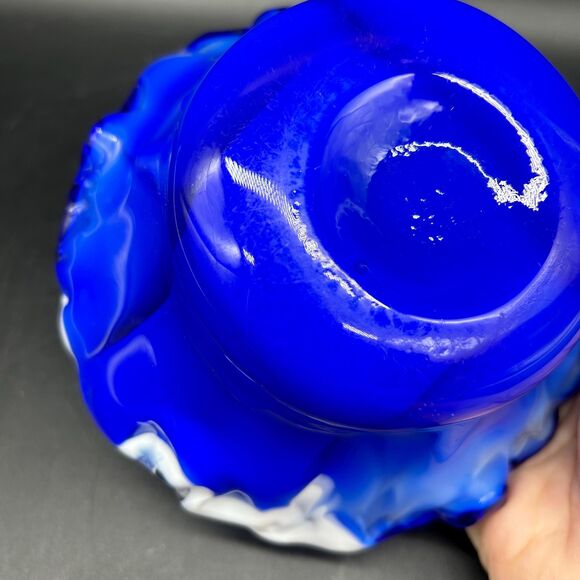 Vintage Cobalt Blue and White Slag Glass Ruffled Edge Bowl 6” - Picture 6 of 6